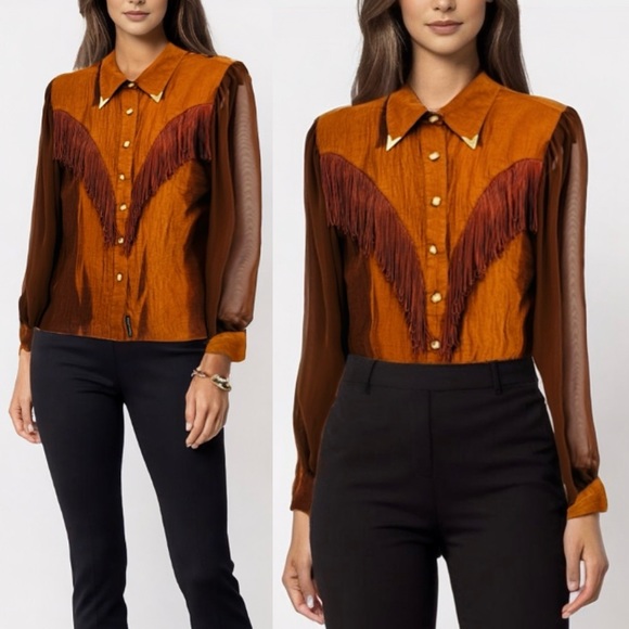 Tops - Vintage Burnt Orange Western Button Down Blouse small